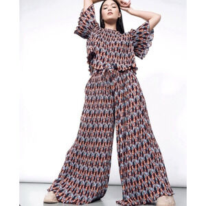 Wildfang The Empower Plisse Boxy Blouse & Pants Loose Leg Drawstring Wide Leg 3X